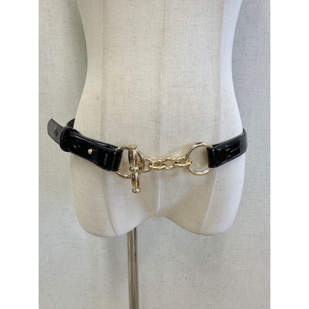 Lauren Ralph Lauren Black Patent Leather Gold Toggle Chain Belt Size Medium